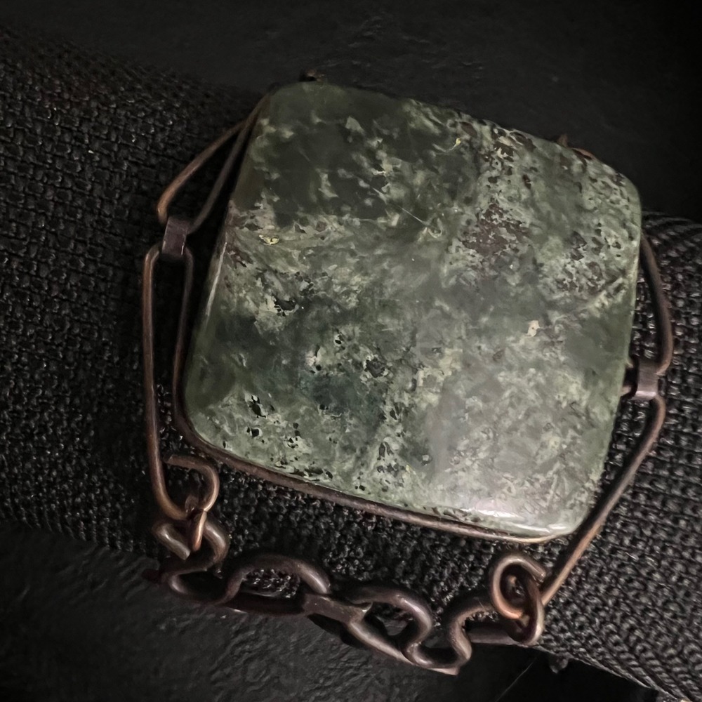 Vintage Artisan Copper Green Stone Square Link Bracelet 7 Inch Cottagecore